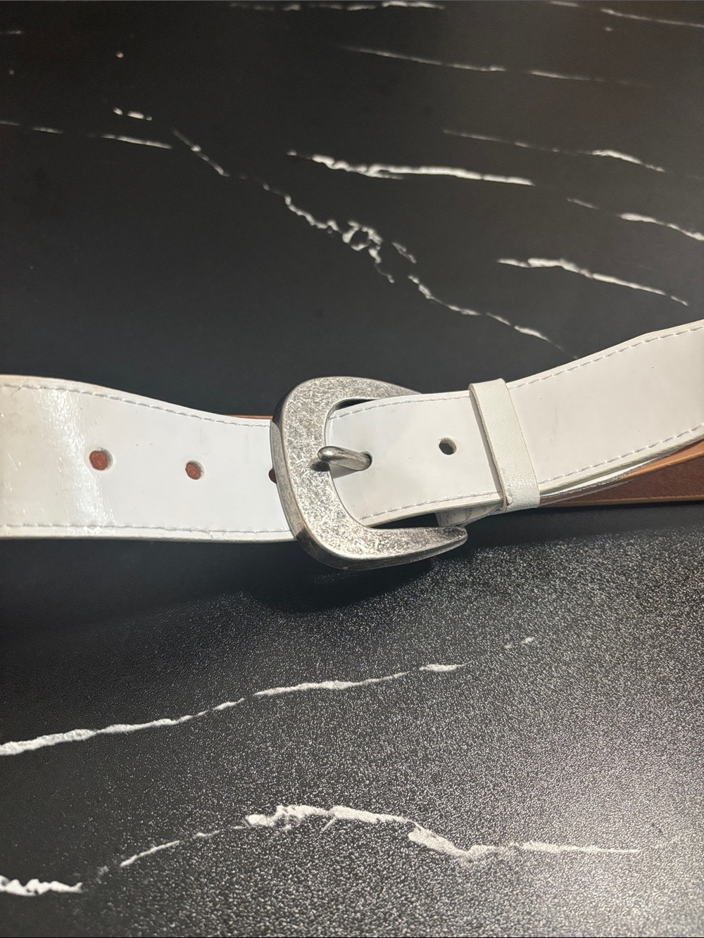 Elie Tahari White Leather Men's Belt with Distressed Silver Buckle